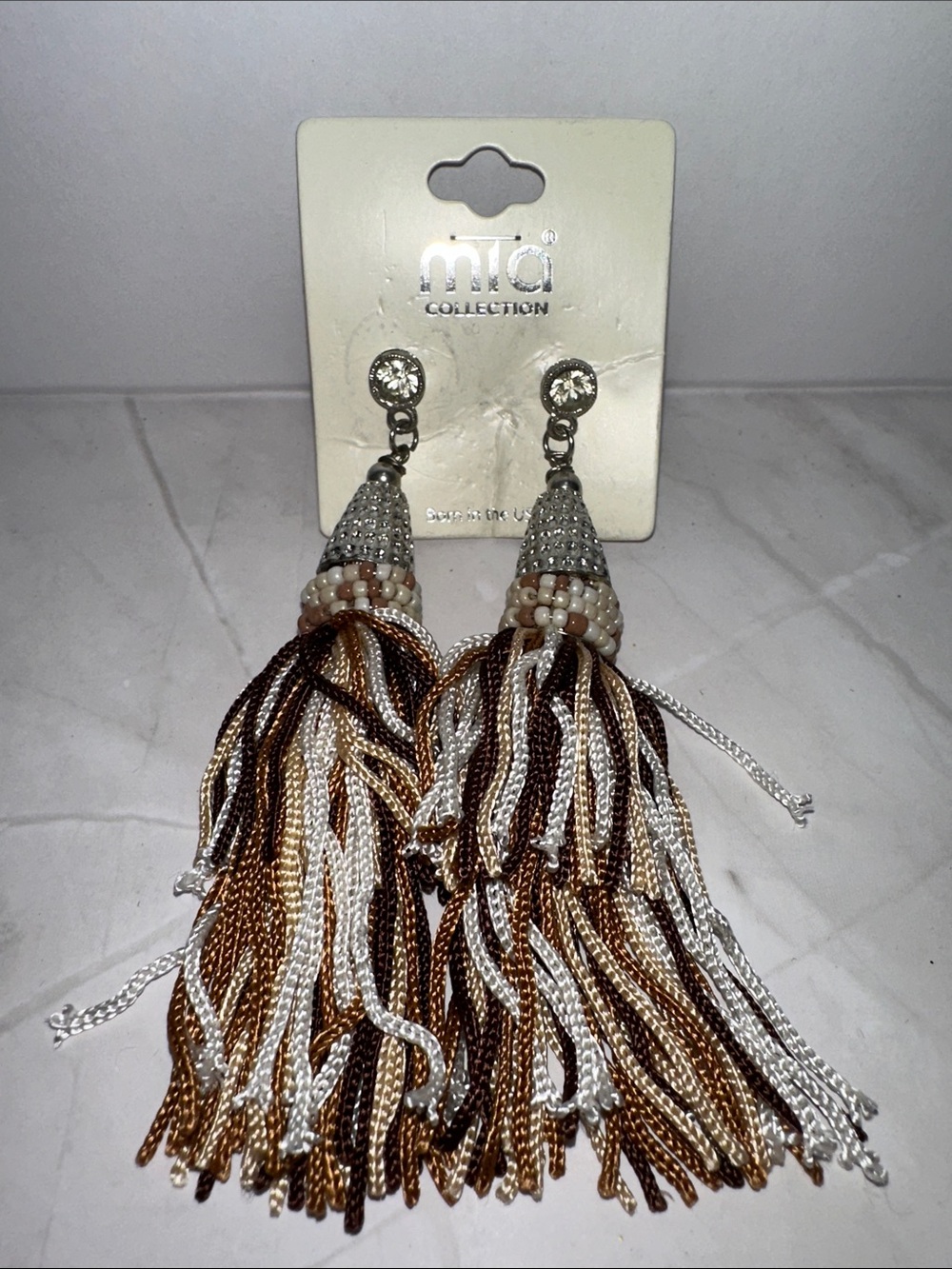 Mia Collection Metallic Brown, Gold & White Tassel Drop Earrings